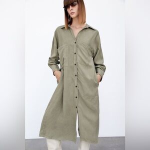 Zara Green Linen Blend Shirt Dress with Pockets Size L